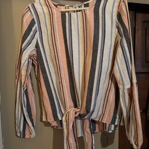 Striped Long Sleeve Tie-Front Top